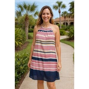 Charming Charlie Dress Medium Halter Short Striped Blue Red Flowy Beach Resort